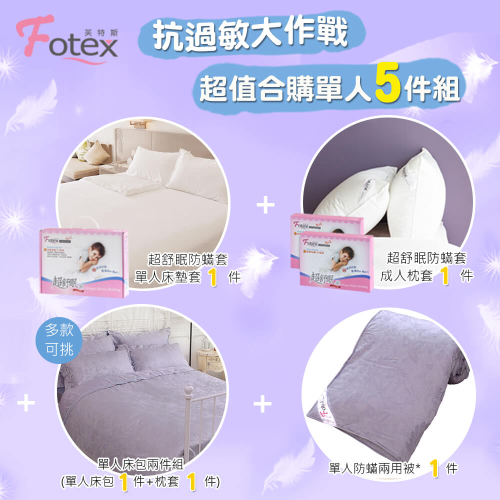 單人防蟎五件組【極光紫卉】
