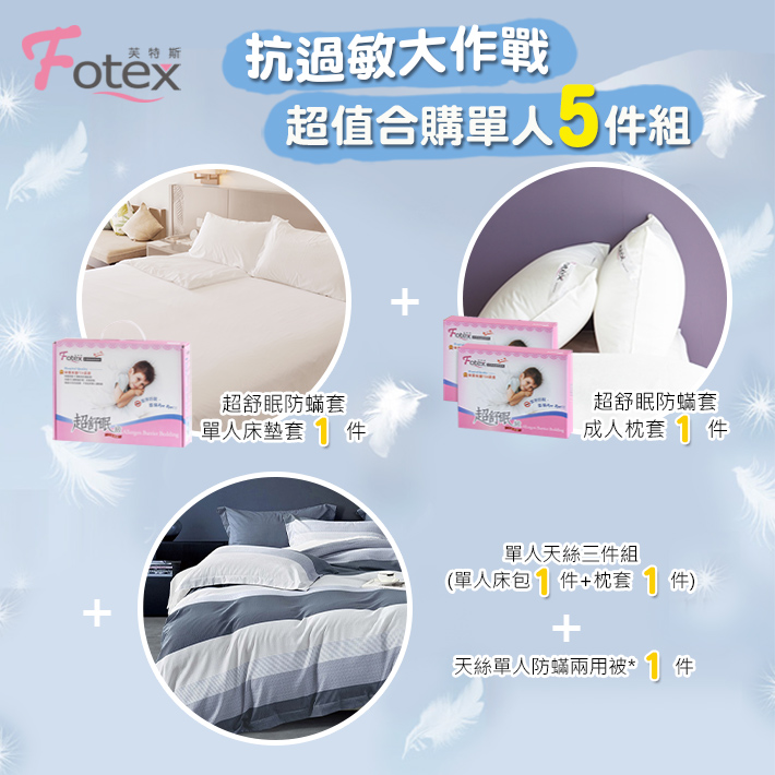 Fotex芙特斯天絲單人防蟎五件組【紳士條紋】內容物